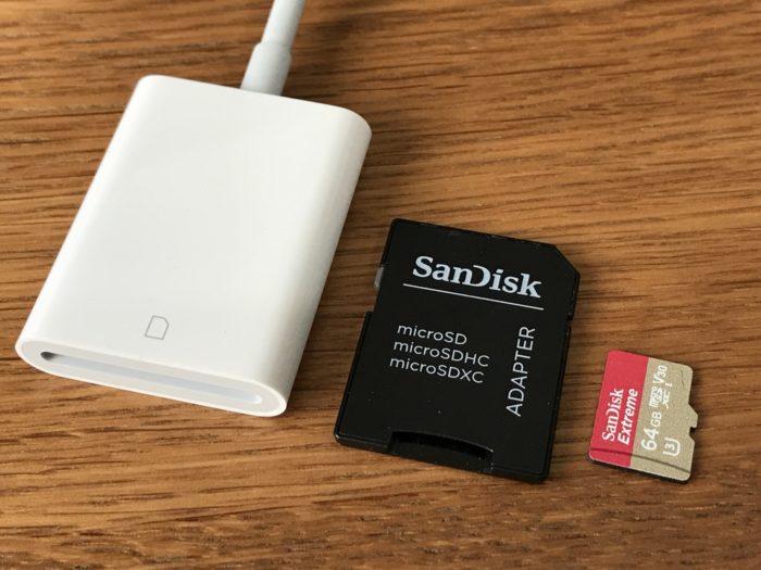 micro SDカード＋SDカードアダプター＋Apple Lightning-USBカメラアダプタ